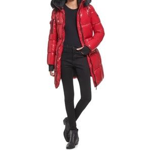 DKNY High Shine Faux Fur Trim Puffer Coat